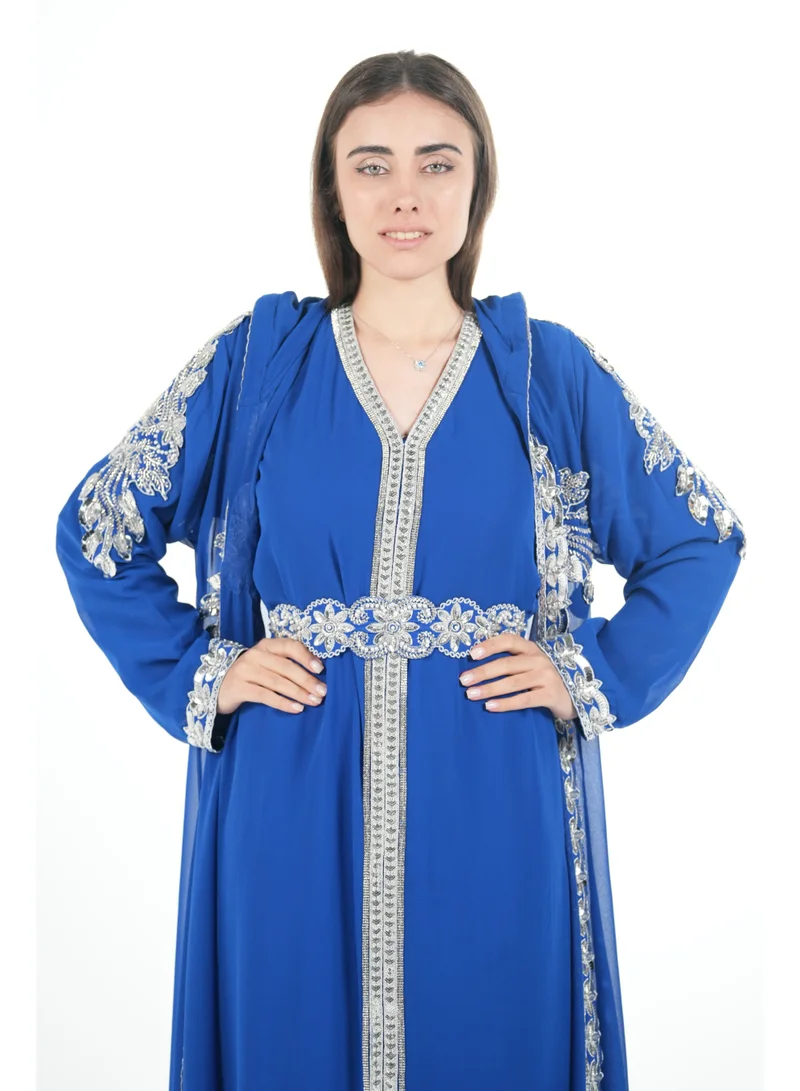 Al Bent Al Sharqieh Blue embroidered kaftan dress jalabia for Women | Best Price UAE