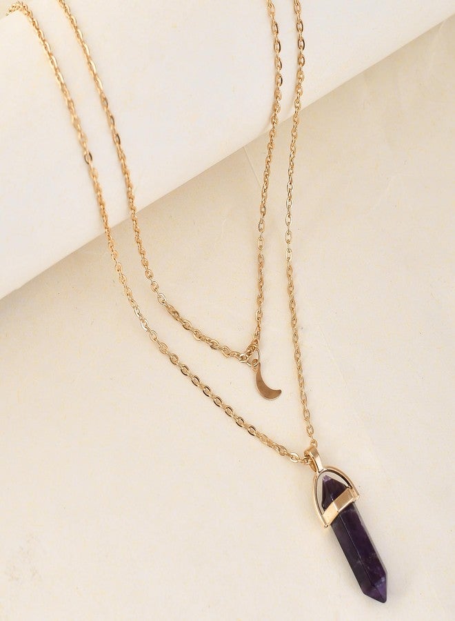 VOYLLA Purple Crystal And Moon Charm Gold-Plated Necklace - Image 2