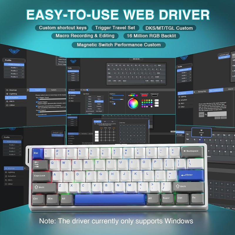 CORBOBO أولا WIN60 HE MAX - لوحة مفاتيح ألعاب ميكانيكية بنسبة 60% سلكية، مفاتيح مغناطيسية تأثير هول قابلة للتبديل السريع، تفعيل قابل للتعديل وضع الزناد السريع، معدل استقصاء 8000 هرتز، لوحة مفاتيح بنسبة 60% تصميم مدمج - Image 5