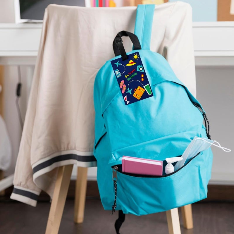 Eitheo بطاقات أمتعة للأطفال بطاقات أمتعة مع اسم وعنوان | بطاقات أمتعة سيليكون للحقائب، بطاقات لتحديد هوية حقائب السفر/حقائب المدرسة ملونة متعددة (اذهب مسافر أزرق) - Image 2