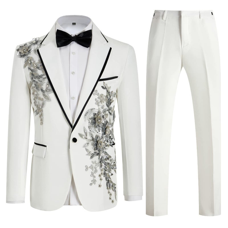 Catheive Mens Suits Slim Fit 2 Piece Floral Tuxedo Suits Blazer Pants with Bow Tie for Wedding Prom - Image 1