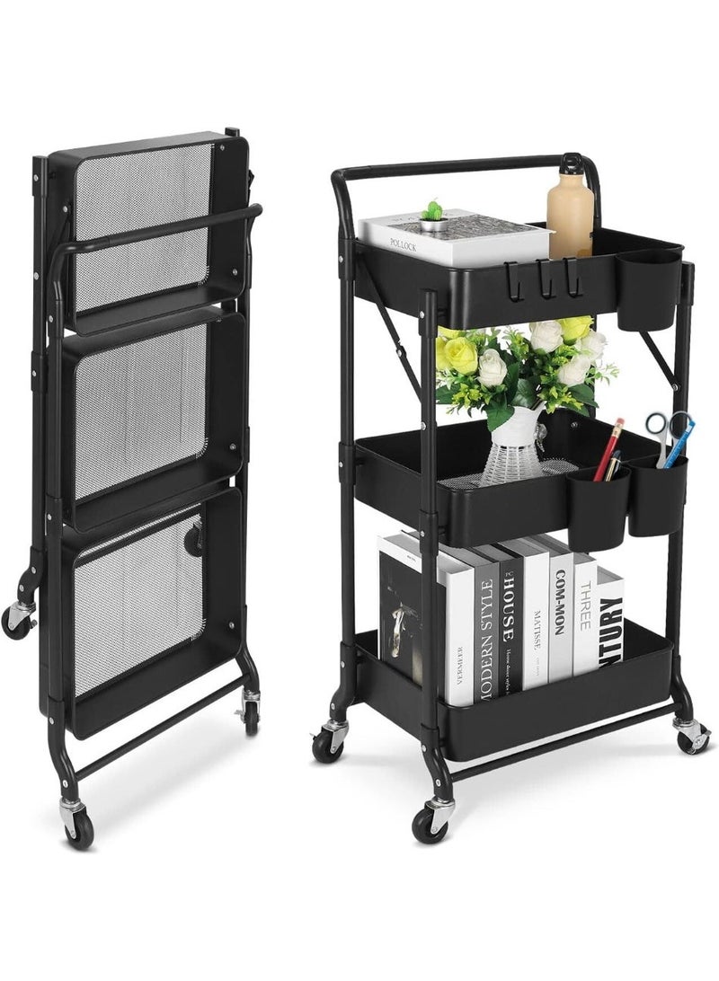 rayze Foldable Rolling Storage Cart 3-Tier Multi-Purpose Cart with Wheels No Assembly Required, Black Metal Storage Cart for Kitchen Pantry, Bathroom, Dormitory with Hanging Cup, Heavy Duty Mobile Folding Cart (Black) - Image 1