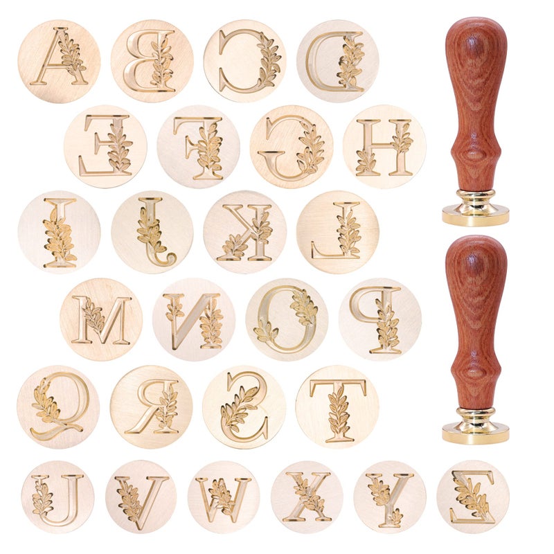 SWANGSA Initial Alphabet Wax Seal Stamp Kit, Vintage Botanical Leaves 26 Letters A-Z Sealing Stamp with 2pcs Wooden Handles for Wedding Party Invitation, Gift Wrap, Envelope, Christmas Card (A-Z Set) - Image 4