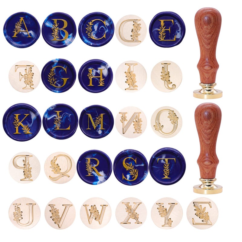 SWANGSA Initial Alphabet Wax Seal Stamp Kit, Vintage Botanical Leaves 26 Letters A-Z Sealing Stamp with 2pcs Wooden Handles for Wedding Party Invitation, Gift Wrap, Envelope, Christmas Card (A-Z Set) - Image 3
