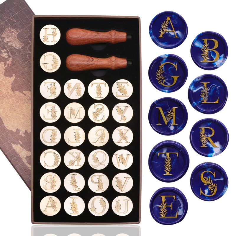 SWANGSA Initial Alphabet Wax Seal Stamp Kit, Vintage Botanical Leaves 26 Letters A-Z Sealing Stamp with 2pcs Wooden Handles for Wedding Party Invitation, Gift Wrap, Envelope, Christmas Card (A-Z Set) - Image 2