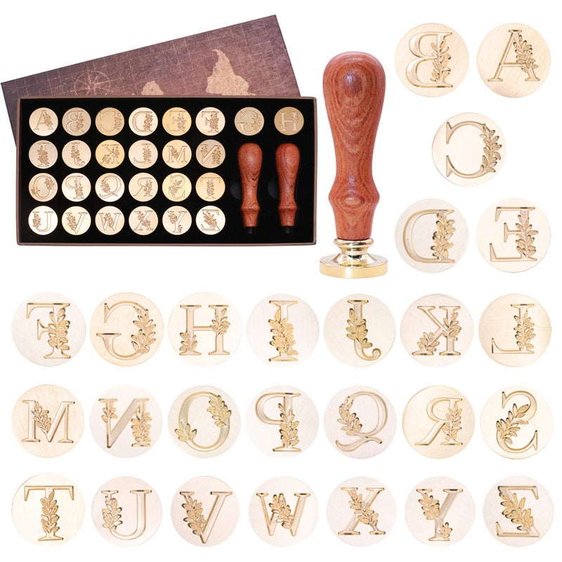 SWANGSA Initial Alphabet Wax Seal Stamp Kit, Vintage Botanical Leaves 26 Letters A-Z Sealing Stamp with 2pcs Wooden Handles for Wedding Party Invitation, Gift Wrap, Envelope, Christmas Card (A-Z Set) - Image 1