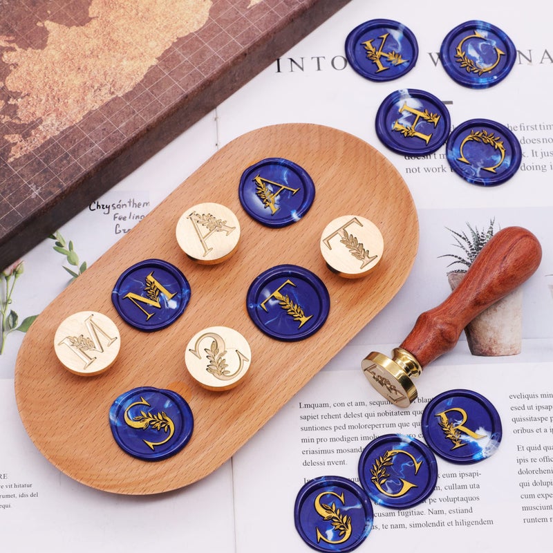 SWANGSA Initial Alphabet Wax Seal Stamp Kit, Vintage Botanical Leaves 26 Letters A-Z Sealing Stamp with 2pcs Wooden Handles for Wedding Party Invitation, Gift Wrap, Envelope, Christmas Card (A-Z Set) - Image 5