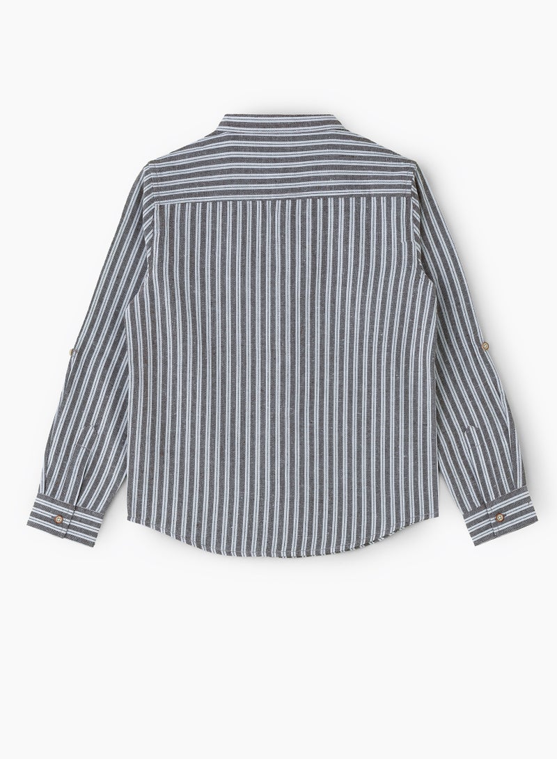 JAM Boys' Grey and White Vertical Striped Cotton Shirt with Mandarin Collar  - Image 2