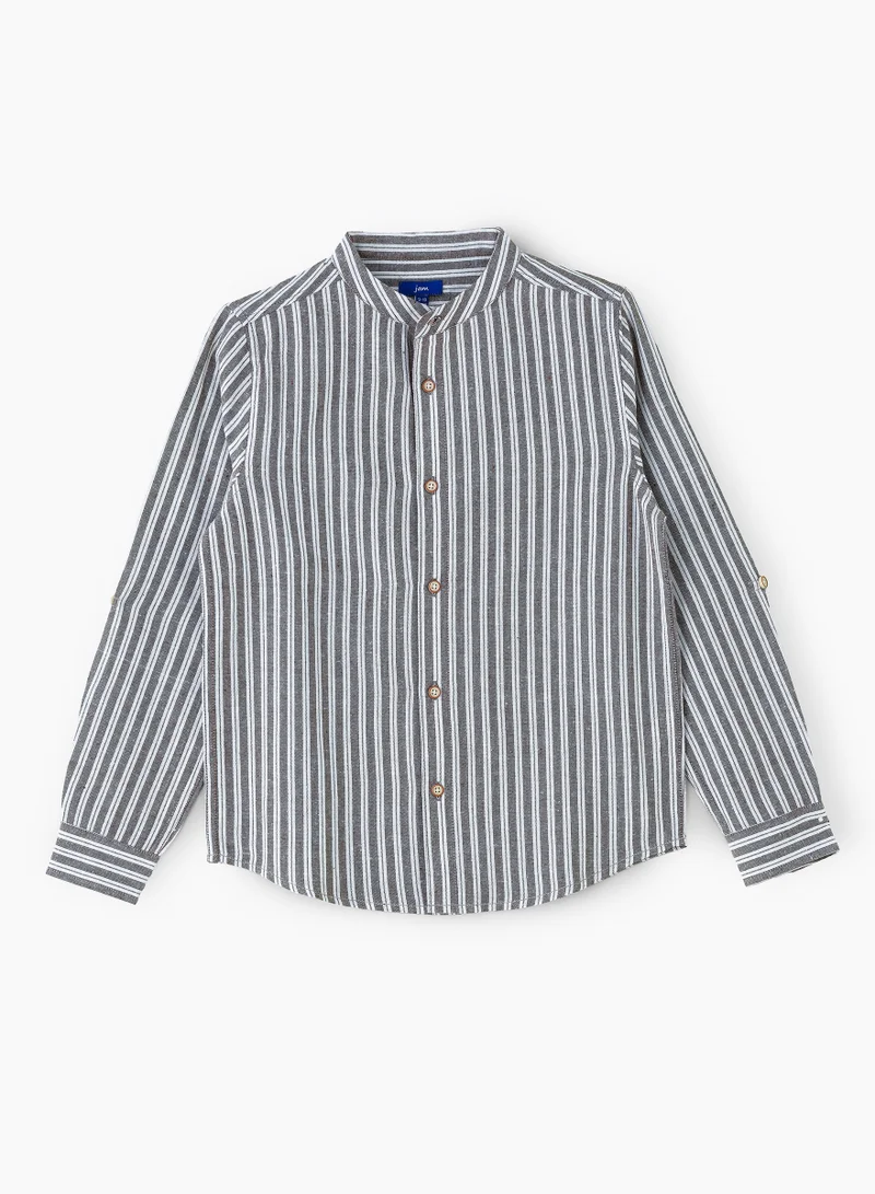 جام قميص قطني مخطط عمودياً باللونين الرمادي والأبيض بياقة ماندرين للأولاد