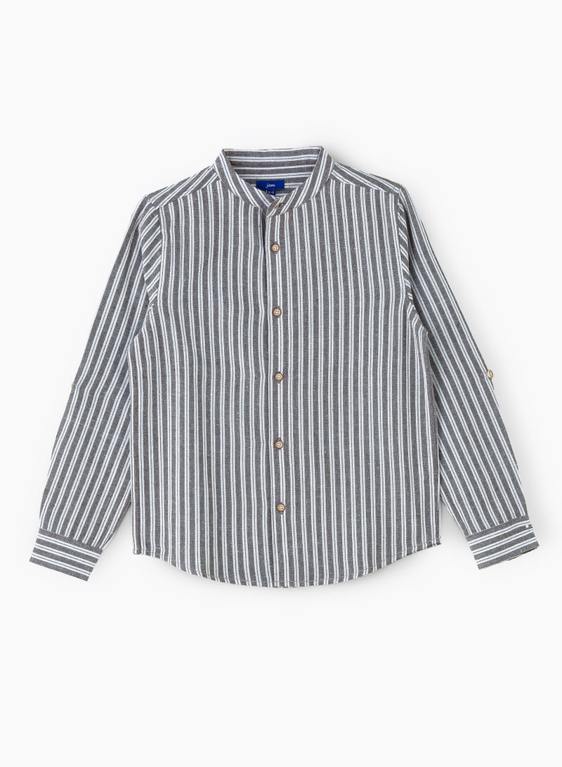 JAM Boys' Grey and White Vertical Striped Cotton Shirt with Mandarin Collar  - Image 1