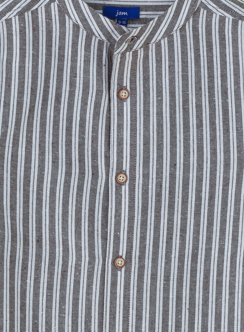 JAM Boys' Grey and White Vertical Striped Cotton Shirt with Mandarin Collar  - Image 3