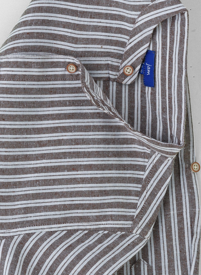 JAM Boys' Grey and White Vertical Striped Cotton Shirt with Mandarin Collar  - Image 4