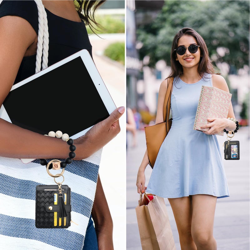 COOLANS Wristlet Bracelet Keychain Pocket Credit Card Holder Purse Tassel Keychain Bangle Key Ring for Women (Silicone Bead Bracelet+Card Purse (Black)) - Image 3