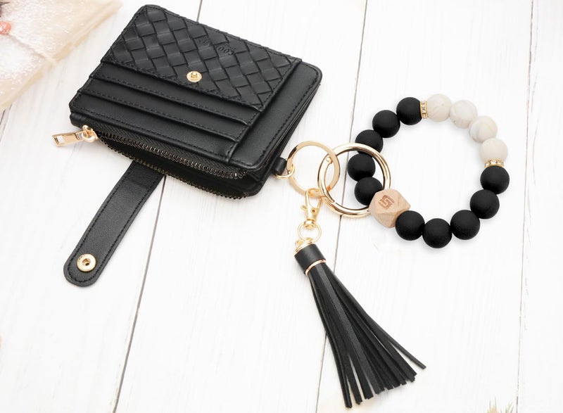 COOLANS Wristlet Bracelet Keychain Pocket Credit Card Holder Purse Tassel Keychain Bangle Key Ring for Women (Silicone Bead Bracelet+Card Purse (Black)) - Image 4