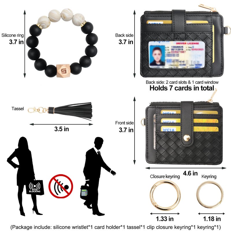 COOLANS Wristlet Bracelet Keychain Pocket Credit Card Holder Purse Tassel Keychain Bangle Key Ring for Women (Silicone Bead Bracelet+Card Purse (Black)) - Image 2