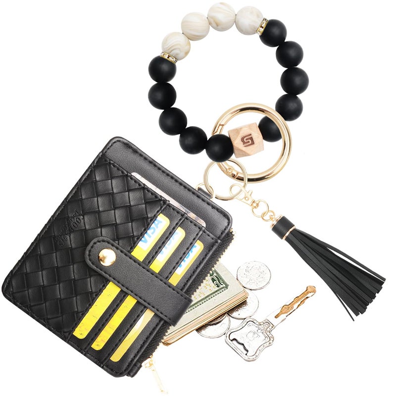 COOLANS Wristlet Bracelet Keychain Pocket Credit Card Holder Purse Tassel Keychain Bangle Key Ring for Women (Silicone Bead Bracelet+Card Purse (Black)) - Image 1