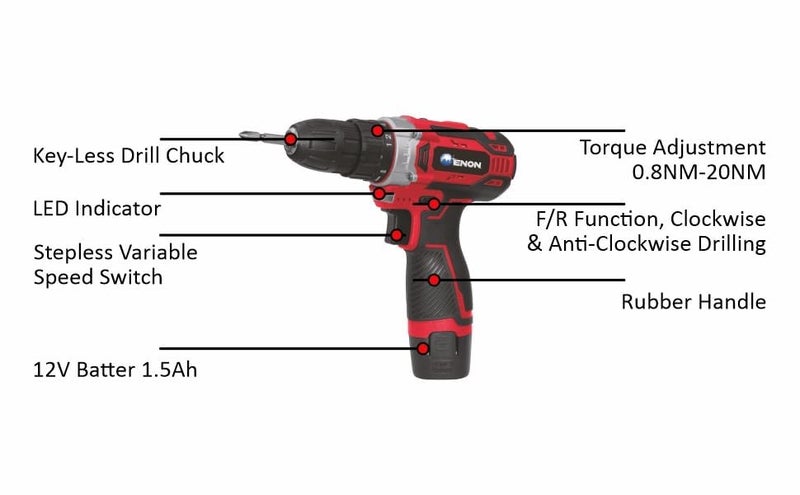 Enon 12V Cordless Drill Machine kit set with 48pcs powerful 300W motor, 2 modes of Speed, 420-1500rpm, Cordless Drilling Machine for Home Use perfect for Drilling Wood, Metal & PVC Etc (XE-CD1211) - Image 2