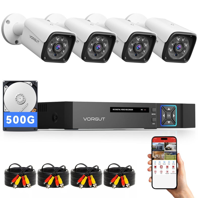 VORGUT Wired Security Camera System Outdoor, 4CH 5MP Lite AHD DVR with 500G Hard Drive, 4 x 3MP Wired CCTV Camera, Indoor/Outdoor Surveillance DVR Kit with Human Detection, Night Vision - Image 1