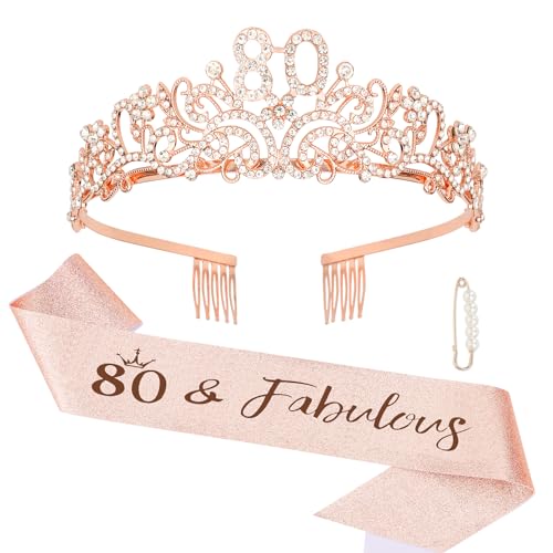 Semato Rose Gold 80th Birthday Tiara and Sash Glitter Kit for Women - 80th Birthday Gifts and Party Supplies - Image 1