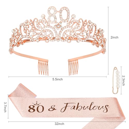 Semato Rose Gold 80th Birthday Tiara and Sash Glitter Kit for Women - 80th Birthday Gifts and Party Supplies - Image 2