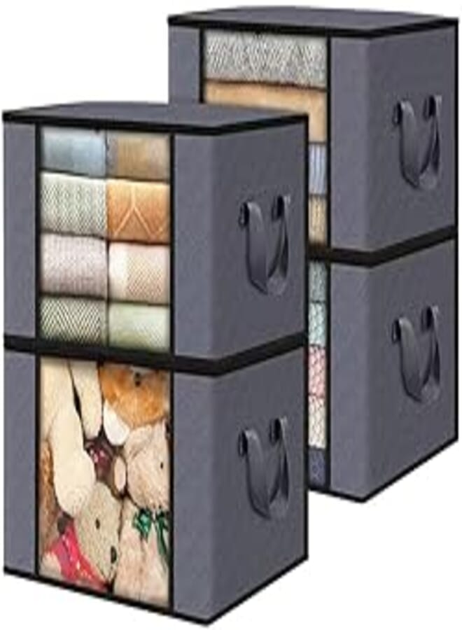 storage bag, 4 pack clothes bags | 84l foldable under-bed bags with zipper, window&hand strap | anti-mold&moisture proof organizer bags for beddings, quilts, blankets, moving. 