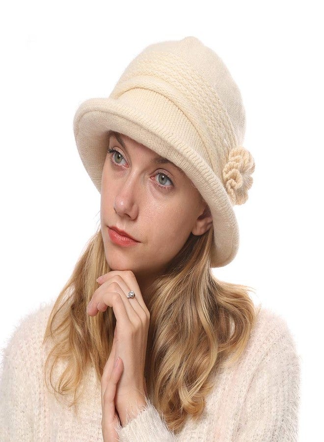 DOCILA Fashion Winter Cloche Hats Women Knitted 1920s Vintage Bucket Bowler Hats Foldable Floral Decoration Church Fedora Beanie Valentine Gifts Beige - Image 1