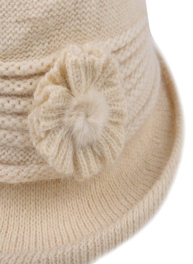 DOCILA Fashion Winter Cloche Hats Women Knitted 1920s Vintage Bucket Bowler Hats Foldable Floral Decoration Church Fedora Beanie Valentine Gifts Beige - Image 4