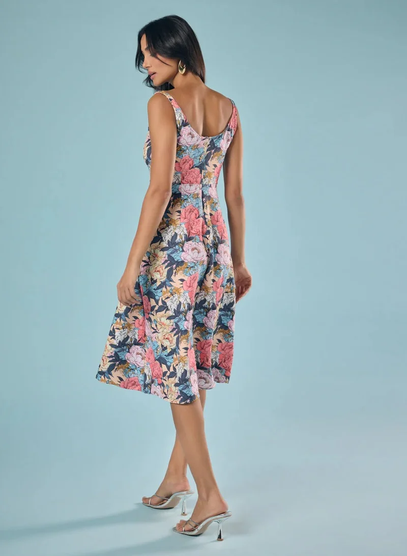 Zigzag Floral Printed Sweet Heart Princessline Dress