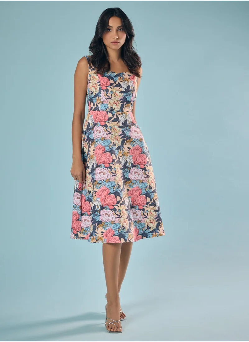 Zigzag Floral Printed Sweet Heart Princessline Dress
