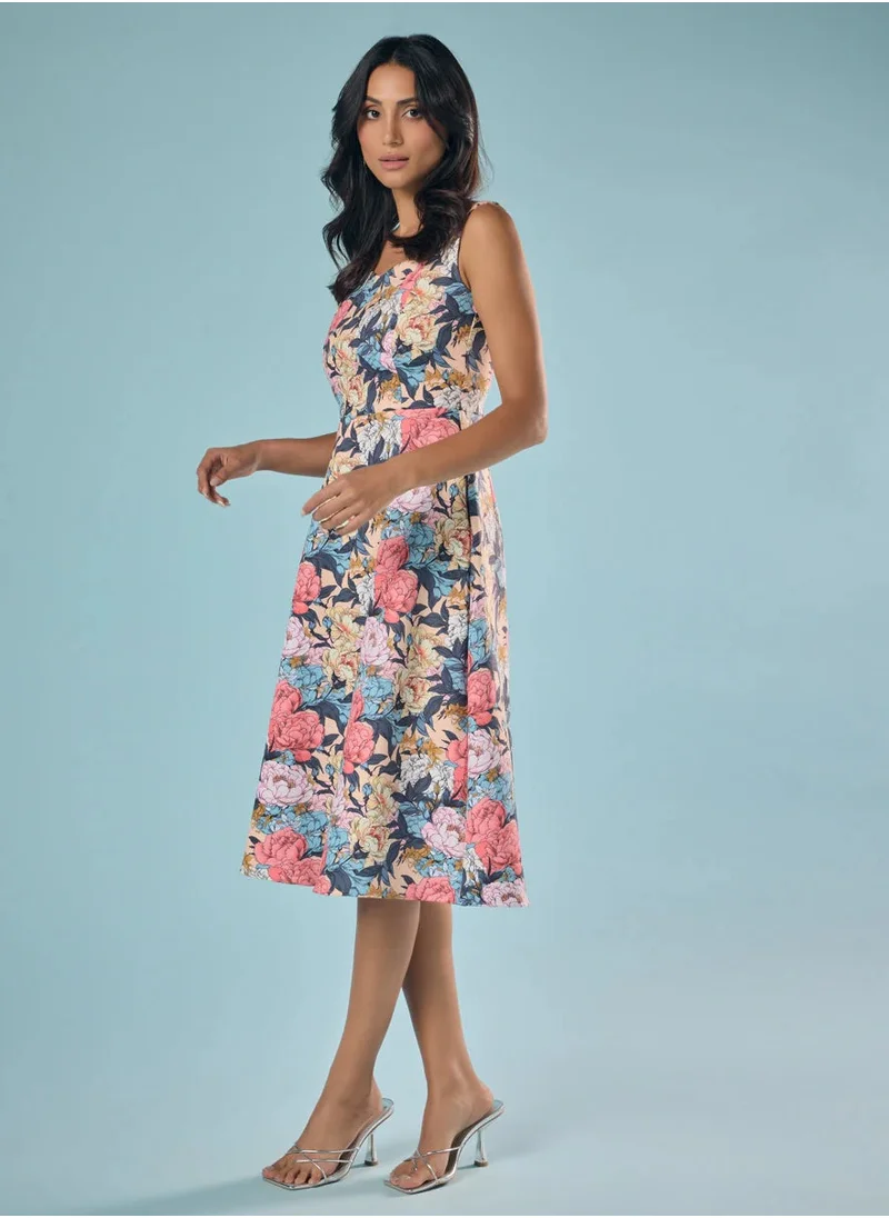 Zigzag Floral Printed Sweet Heart Princessline Dress
