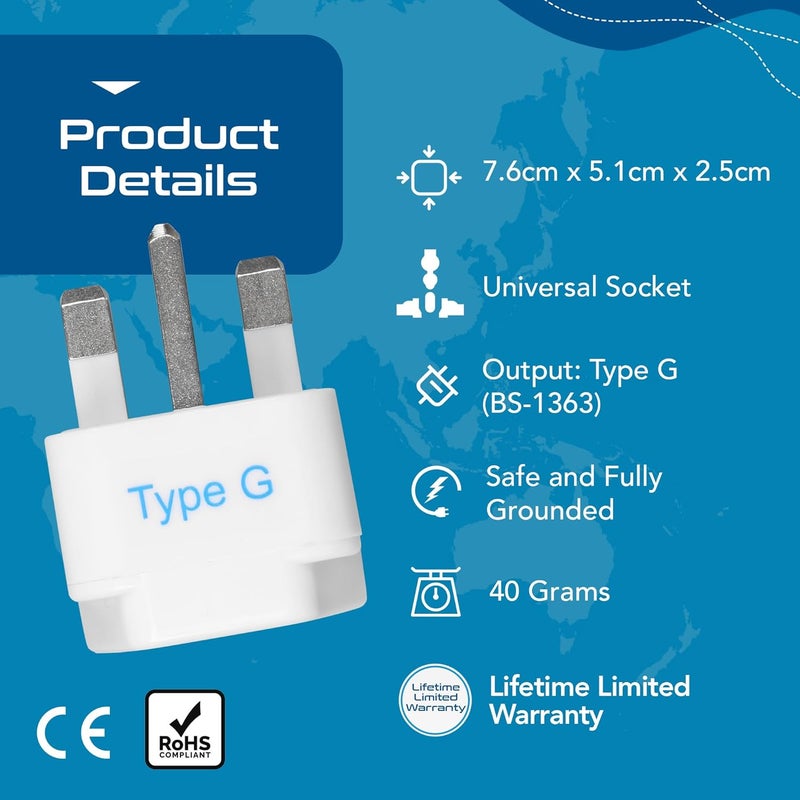 Ceptics Ceptics Adapter to UK India to UAE Hong Kong Dubai UK Adapter Plug UK Travel Adapter Type G Adapter Perfect for Laptop Camera Chargers and More CE White Lifetime Limited Warranty  - Image 3
