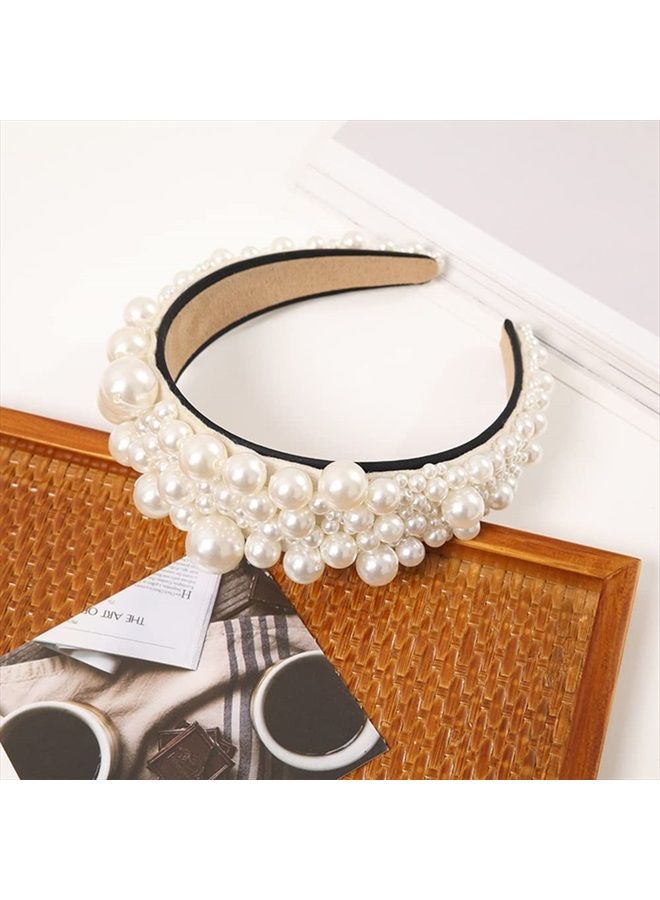 Wiwpar Pearl Headbands Wide Hair Hoop with Pearls Elegant White Pearl Head Band Headwear Bridal Hair Hoop Wedding Hair Accessories for Women Girls (Style 2) - Image 2