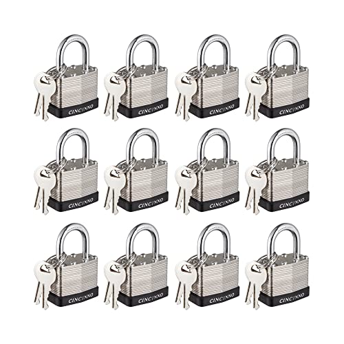 CINCINNO 40mm Keyed Alike Nickel Plated Laminated Steel Padlock 1916 Wide Body 1inch Shackle Padlocks with Keys Pack of 12
