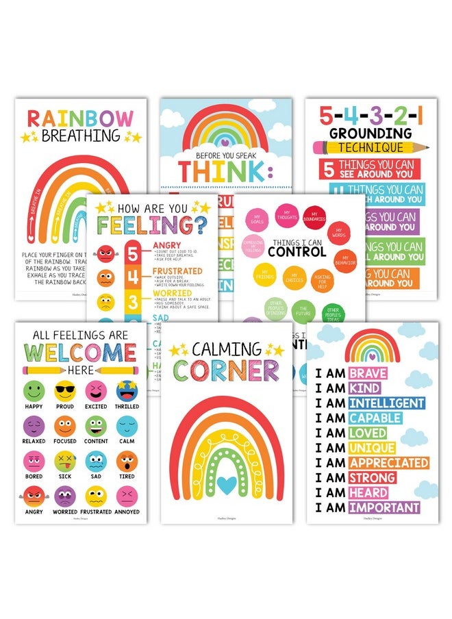 Hadley Designs 8 Colorful Calming Corner Posters For Classroom Must Haves For Teachers - Calm Down Corner Supplies Elementary, Feelings Chart For Kids Ages 4-8, Emotions Chart For Kids, Calming Corner Items Kids  - Image 1