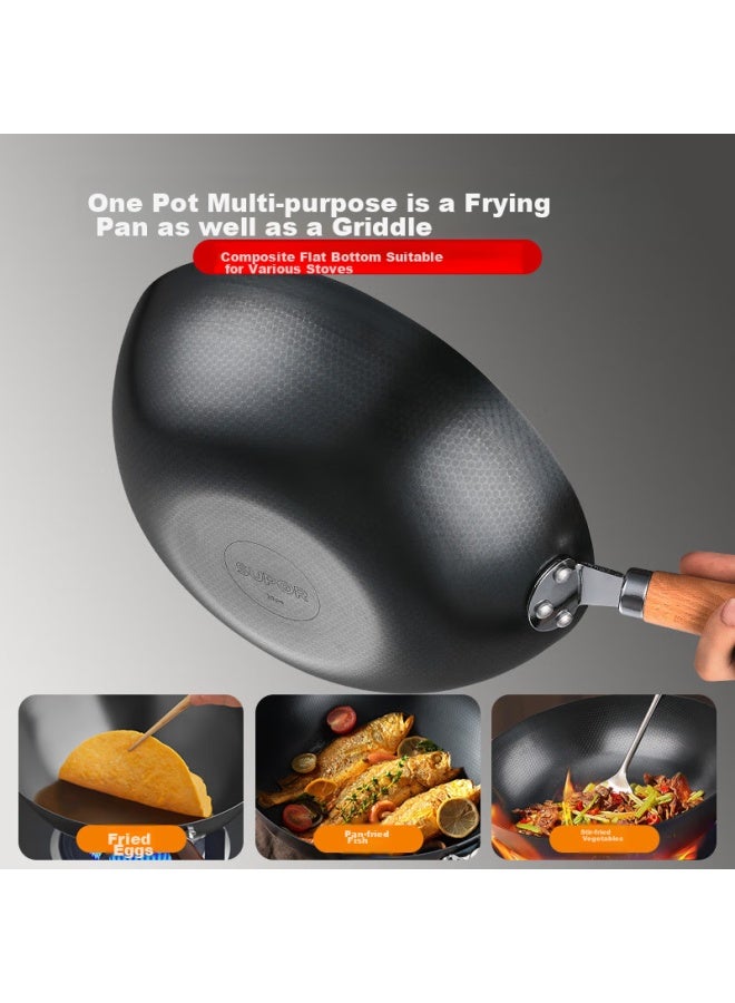 Supor Wok, Pure Iron Stir-fry Pan, Non-coated Honeycomb Iron Pan, Lightweight, Suitable For Gas Stove And Induction Cooker, 30cm With Lid - Image 3