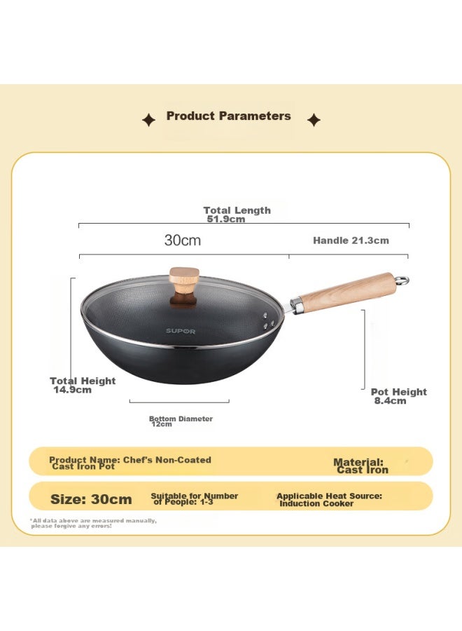Supor Wok, Pure Iron Stir-fry Pan, Non-coated Honeycomb Iron Pan, Lightweight, Suitable For Gas Stove And Induction Cooker, 30cm With Lid - Image 1