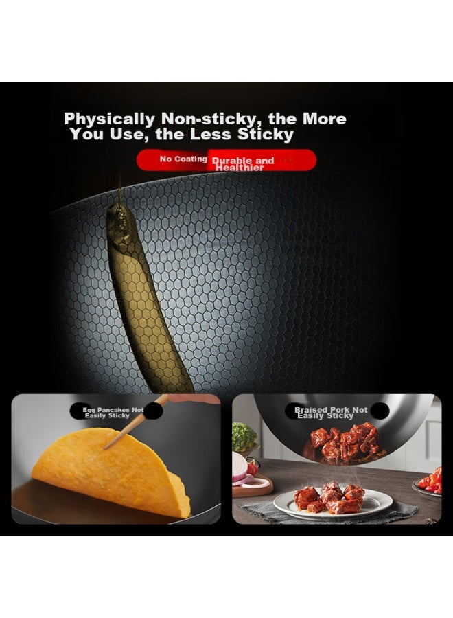 Supor Wok, Pure Iron Stir-fry Pan, Non-coated Honeycomb Iron Pan, Lightweight, Suitable For Gas Stove And Induction Cooker, 30cm With Lid - Image 4