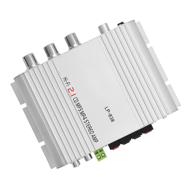 مضخص صوت هيفاي صغير: قوة RMS 15 واط × 2 ستيريو 2.1، غلاف كامل من الصلب المعدني، تشويه منخفض - مدخلات صوت مزدوجة، تحكم مستوى الصوت والصوت المرتفع والصوت المنخفض، مضخص صوت سيارة للاستخدام المنزلي والسياري - Image 2
