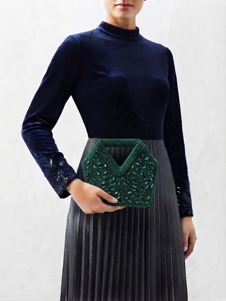 Viny green Viny Women's Crystal Beaded Clutch Bag – Triangular Cut-Out Handle with Detachable Chain Strap for Women | Best Price UAE
