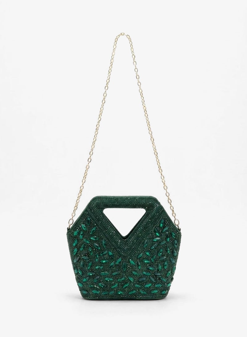 Viny Women's Crystal Beaded Clutch Bag – Triangular Cut-Out Handle with Detachable Chain Strap - Image 3