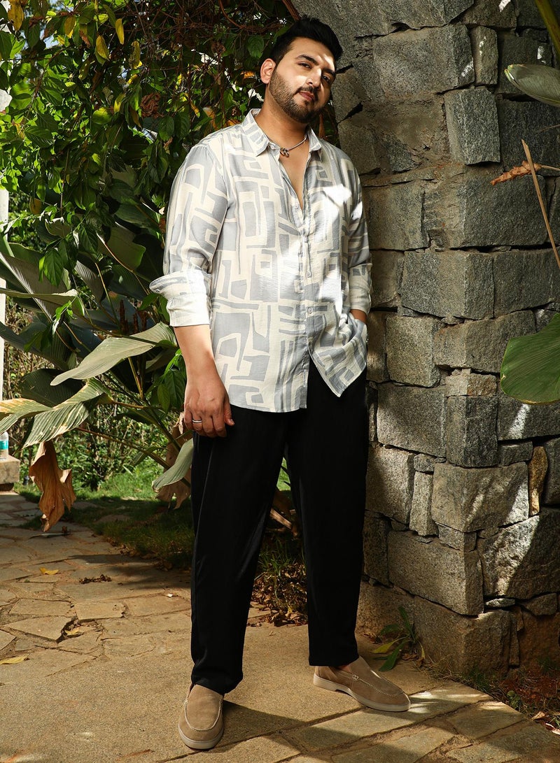 Instafab Plus Men's Grey & White Abstract-Deco Regular Shirt For Casual Wear | Spread Collar | Long Cuffed Sleeves | Button Closure | Plus Size Shirt Crafted With Comfort Fit For Everyday Wear - Image 5
