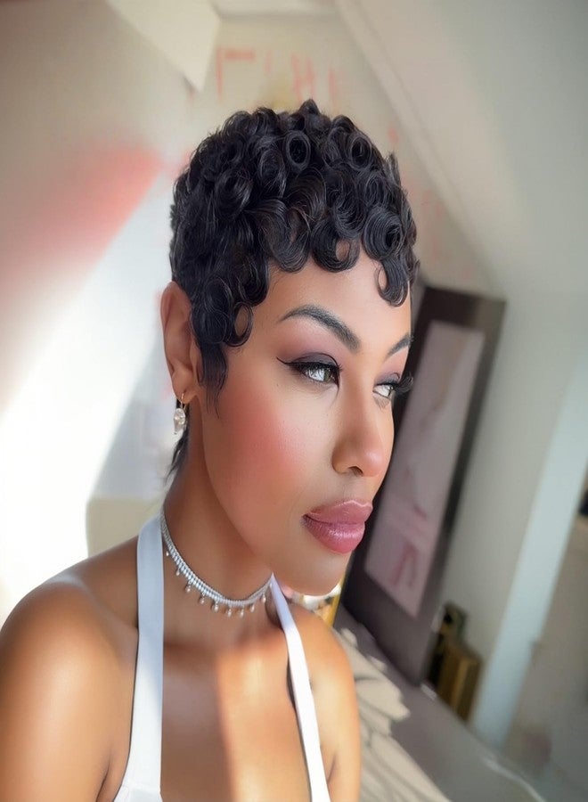 PangDongLai باندونغلاي شعر مستعار قصير أنيق ومجعد للنساء السوداء بقصة بيكسي مع غرة بلون أسود طبيعي صيفي بدون لاصق - Image 3