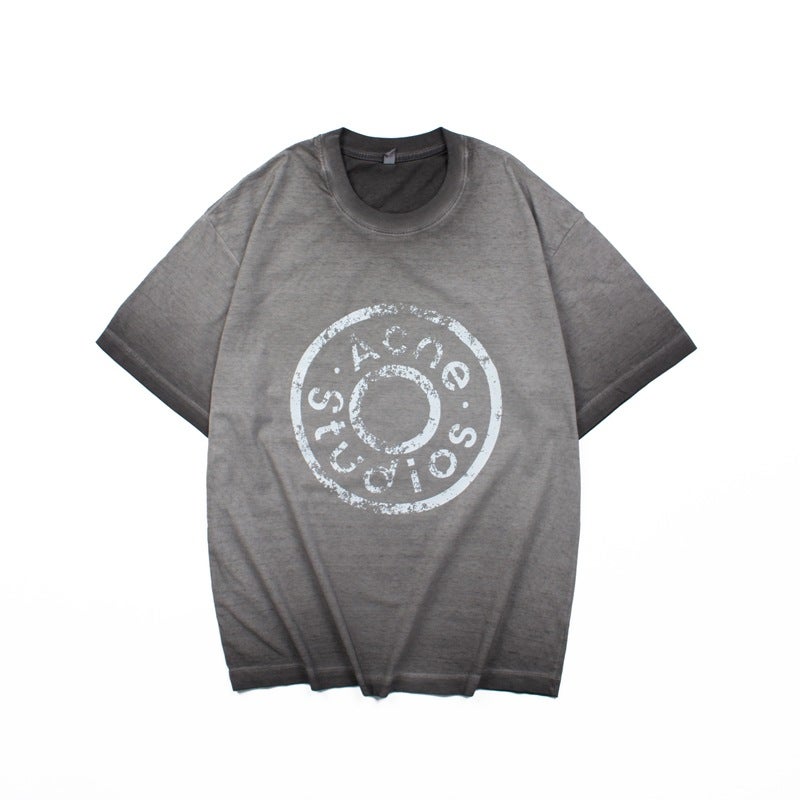 Niche Trendy Brand Ac Style American Style Old Washed Vintage Button Logo Letter Printing Loose Short-Sleeved T-Shirt For Men - Image 3