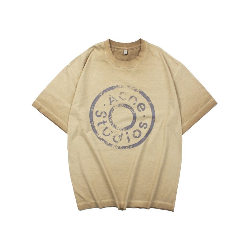 Niche Trendy Brand Ac Style American Style Old Washed Vintage Button Logo Letter Printing Loose Short-Sleeved T-Shirt For Men - Image 4