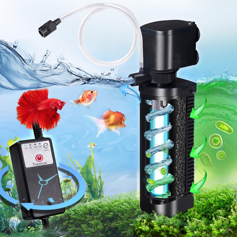 TARARIUM Aquarium Filter U-V w/Scientific 3,6,12,24H Timer 200GPH for 20-75Gal Fish Turtle Tank Bio Sponge Internal Filter Power Pump Deodorization Saltwater Freshwater Killing Green Clean Machine Air Supply - Image 1