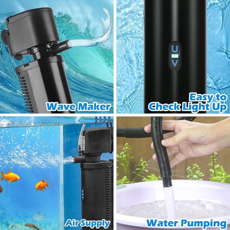 TARARIUM Aquarium Filter U-V w/Scientific 3,6,12,24H Timer 200GPH for 20-75Gal Fish Turtle Tank Bio Sponge Internal Filter Power Pump Deodorization Saltwater Freshwater Killing Green Clean Machine Air Supply - Image 5