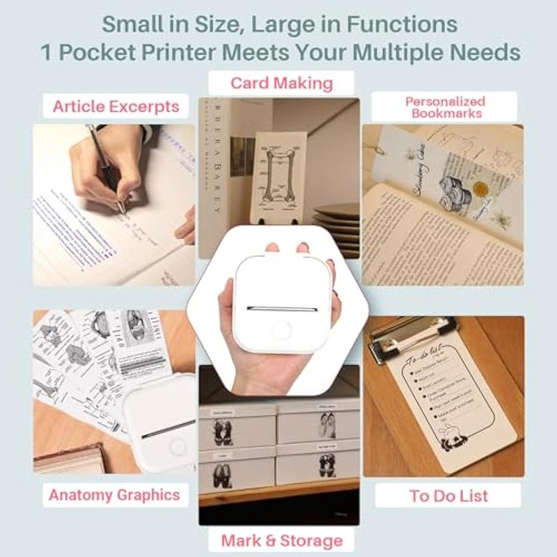 Arabest Mini Portable Printer - T02 Inkless Pocket Thermal Sticker Maker Mini Sticker Printer Mobile Label Maker for Student, Gift, White (Bunny Case Not Included) - Image 4