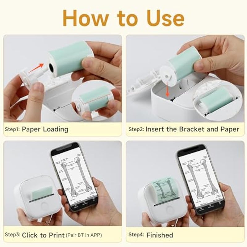 Arabest Mini Portable Printer - T02 Inkless Pocket Thermal Sticker Maker Mini Sticker Printer Mobile Label Maker for Student, Gift, White (Bunny Case Not Included) - Image 5