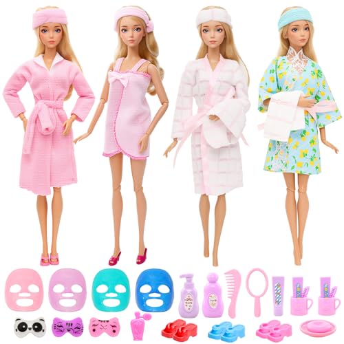 HONLAELLA 27 Pcs Doll Sleeping Clothes Accessories Including 4 Sets Bathrobes Pajamas Towels Headband 12 Toiletries 8 Accessories 3 Slippers for 115 Inch Girl Dolls Sleeping Storytelling Playset - Image 1