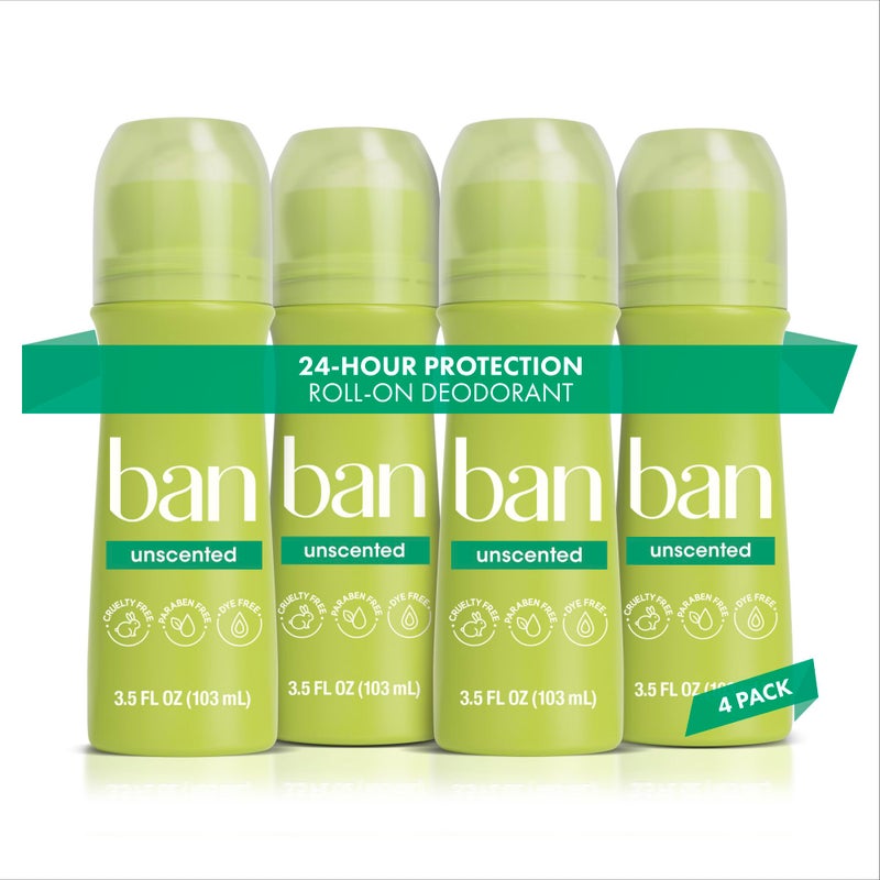 Ban Original Unscented 24-hour Invisible Antiperspirant, 3.5oz Roll-on Deodorant, 4-pack, Underarm Wetness Protection, with Odor-fighting Ingredients - Image 1